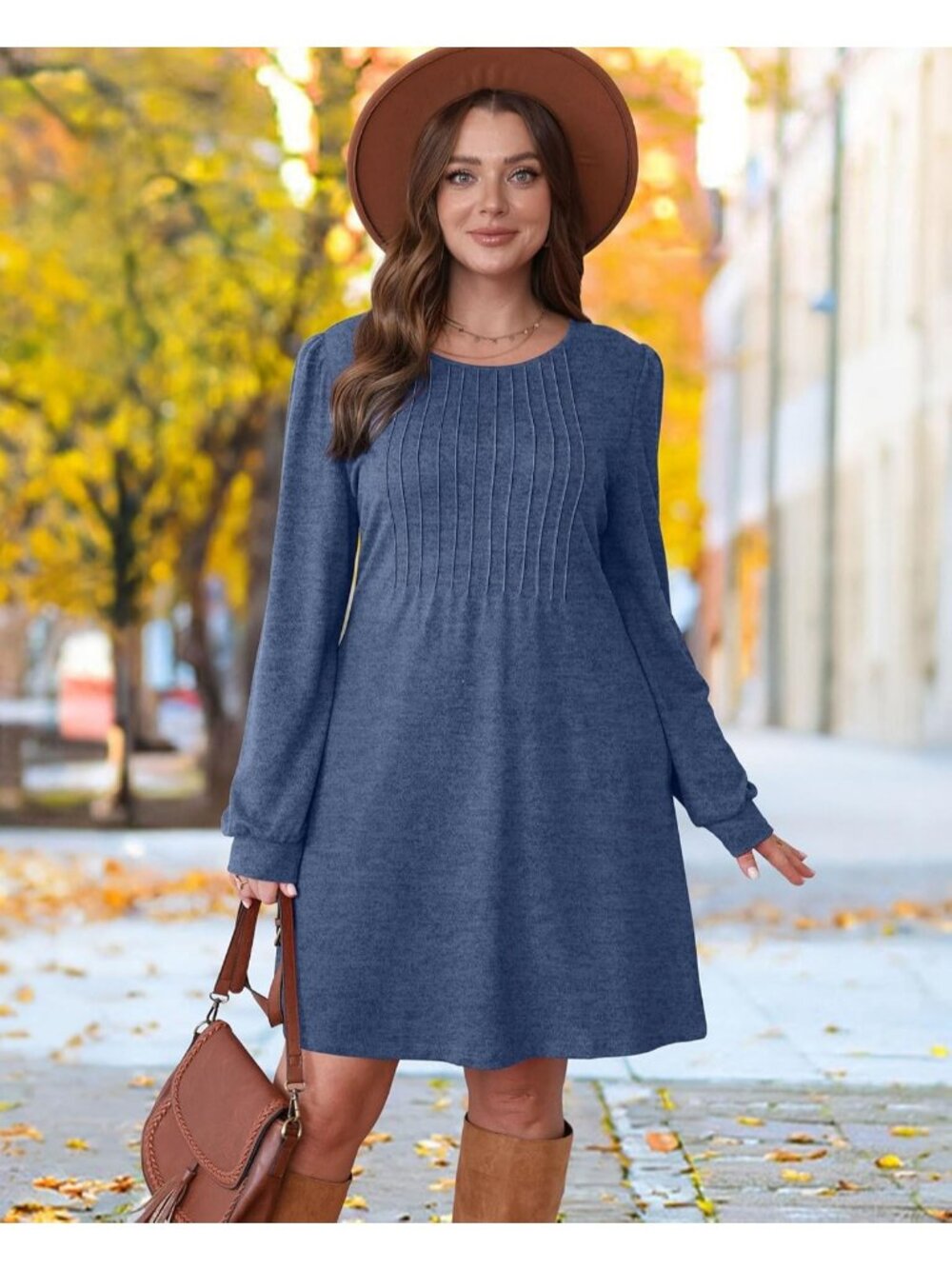Women's Dark Blue Pleated Crew Neck Pockets Fall Baby Doll Sweater Mini Dress - Picture 3 of 5